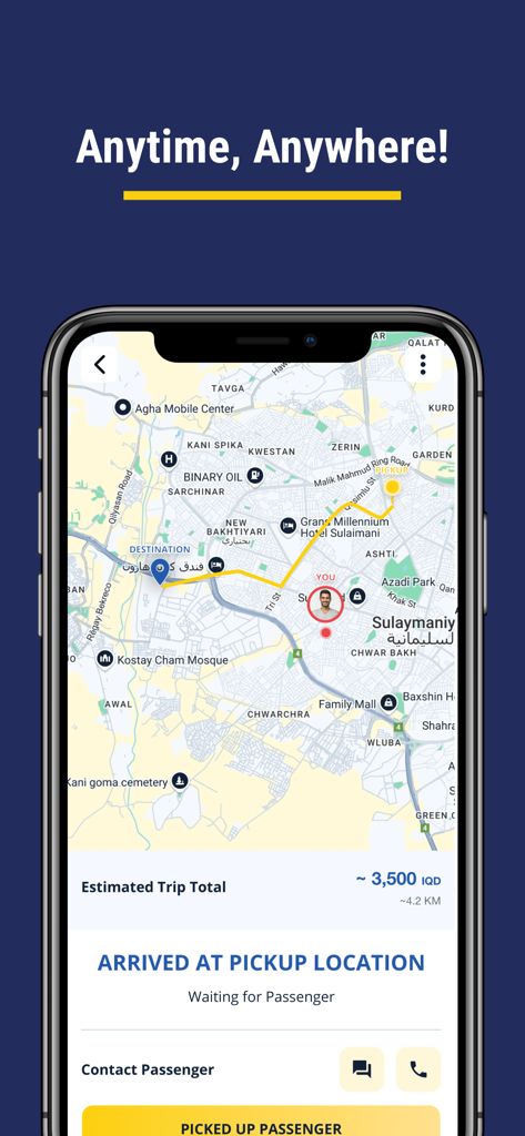 Yalla SK Captain - Interface of the Yalla SK Captain driver app showing a map with pickup status and estimated trip earnings in Slemani