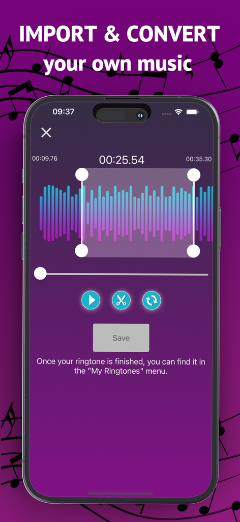 Interface for importing and converting custom music into ringtones on iPhone