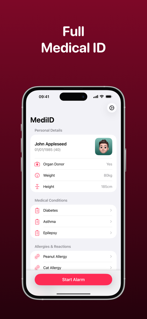 MediID app interface on an iPhone displaying a medical profile with conditions like diabetes and asthma alongside a red start alarm button.