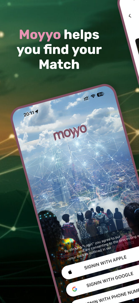 Moyyo - Écran de connexion de l'application de rencontre Moyyo avec des options de connexion et un titre indiquant que Moyyo vous aide à trouver votre partenaire.