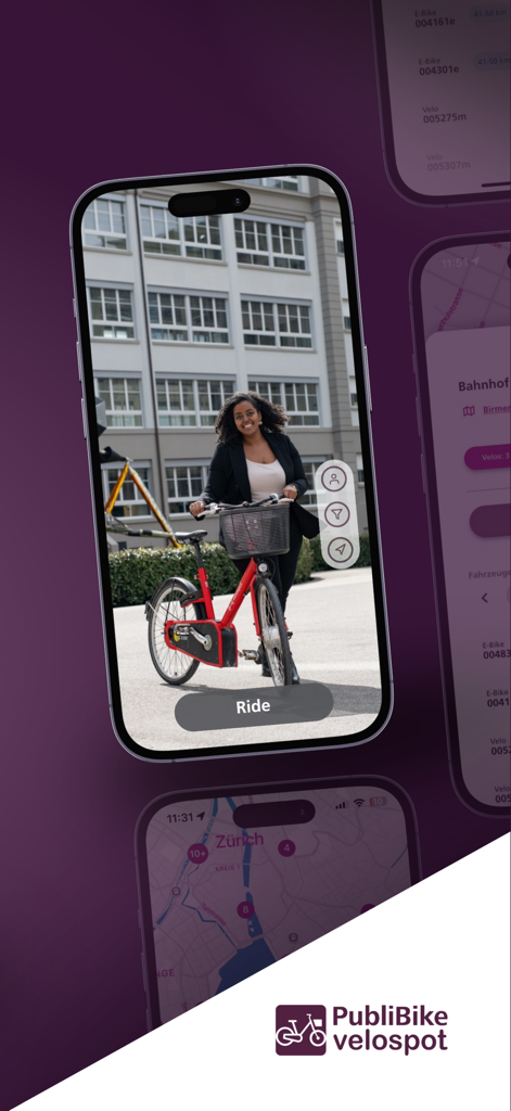 PubliBike Velospot app display on iPhone showing a woman with a rental bike and city map