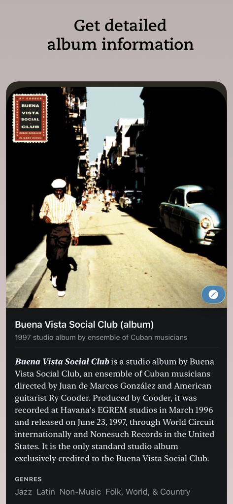 Muziqi - Pro Music Player - El Reproductor de Música Pro Muziqi mostrando información detallada del álbum y metadatos para una biblioteca de música curada.