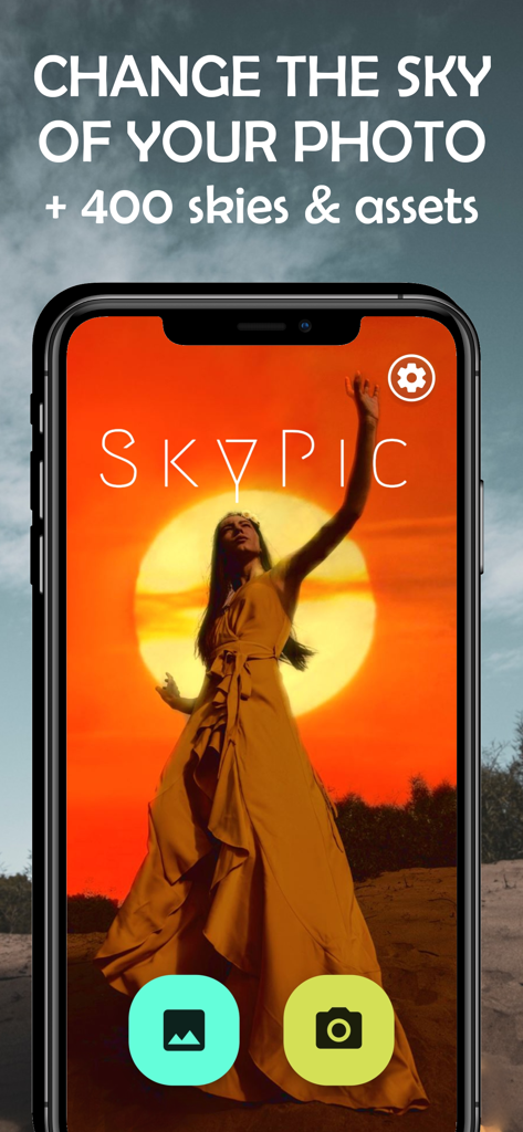Interfaz de la aplicación Sky Editor SkyPic con un vibrante fondo de atardecer naranja e íconos de edición de fotos