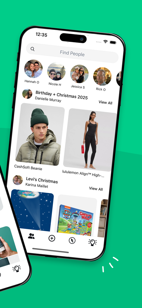 Giftful app interface displaying friends wishlists and gift ideas in a social feed
