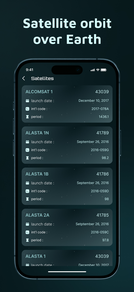 Una interfaz de aplicación móvil que muestra una lista de satélites con detalles técnicos como fechas de lanzamiento y códigos orbitales