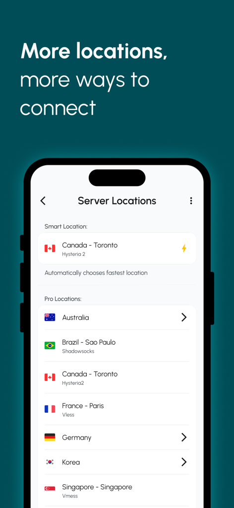 Lantern VPN app screen showing global server locations and advanced connection protocols