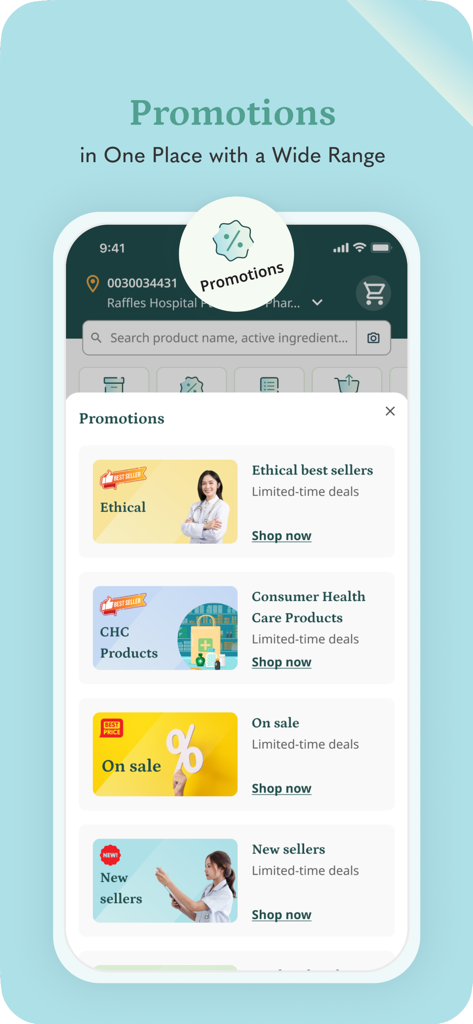 EZ Rx app promotions page listing healthcare product categories and limited time deals