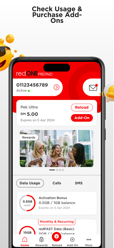 redONE Prepaid app screen showing credit balance and data usage