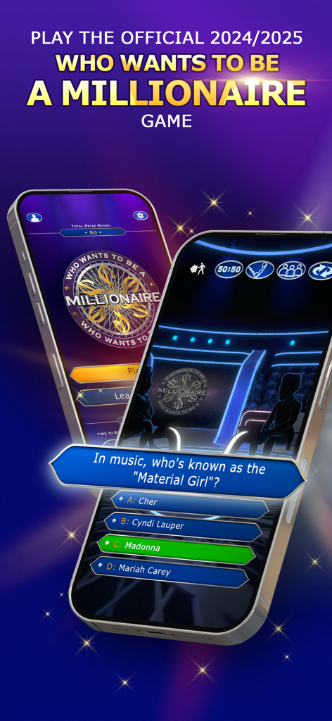 Who Wants to Be a Millionaire mobile game interface showing trivia questions and the authentic 3D studio set