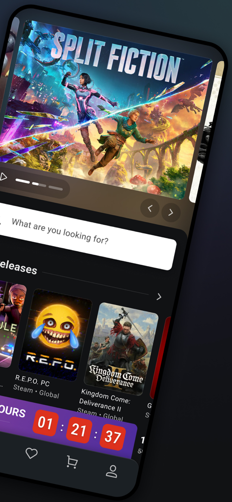 Der Startbildschirm der G2A-Mobil-App mit Spieltiteln wie Split Fiction und einem Countdown-Timer für Blitzangebote.