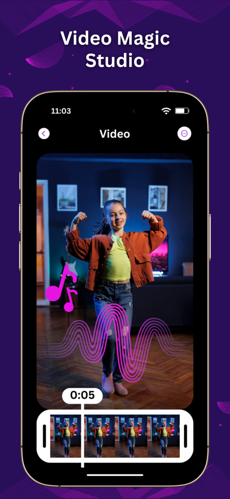 AI Photo Video Editor - Interfaz de la aplicación de edición de video con una chica bailando con ondas de música y controles de línea de tiempo