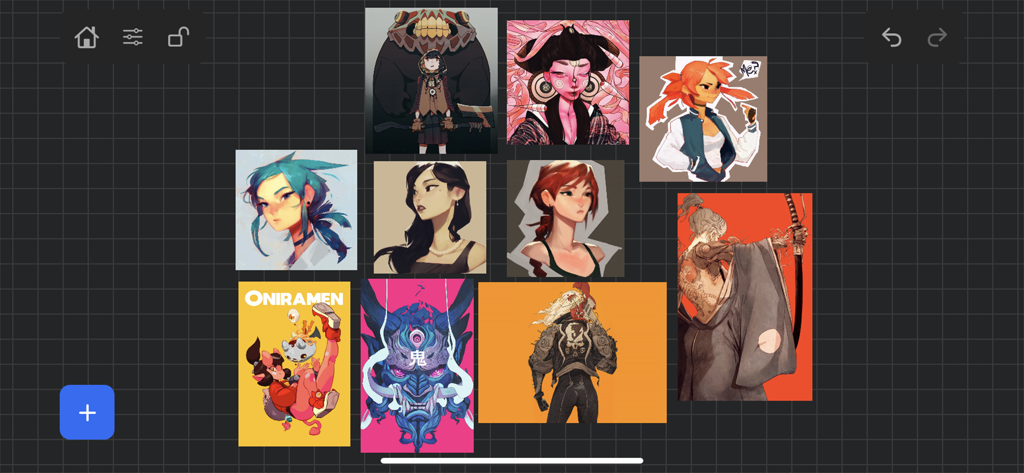 Digital art reference board in VizRef Lite app with character illustrations