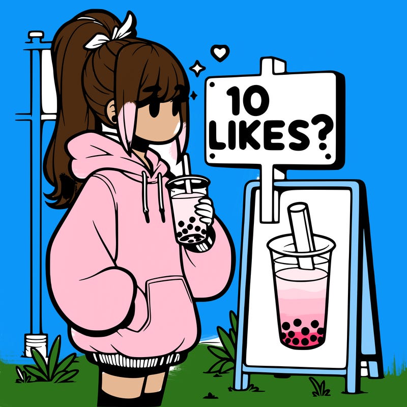 girl with oversized hoodie drinking boba and she has a high ponytail with a sign that says 10likes?