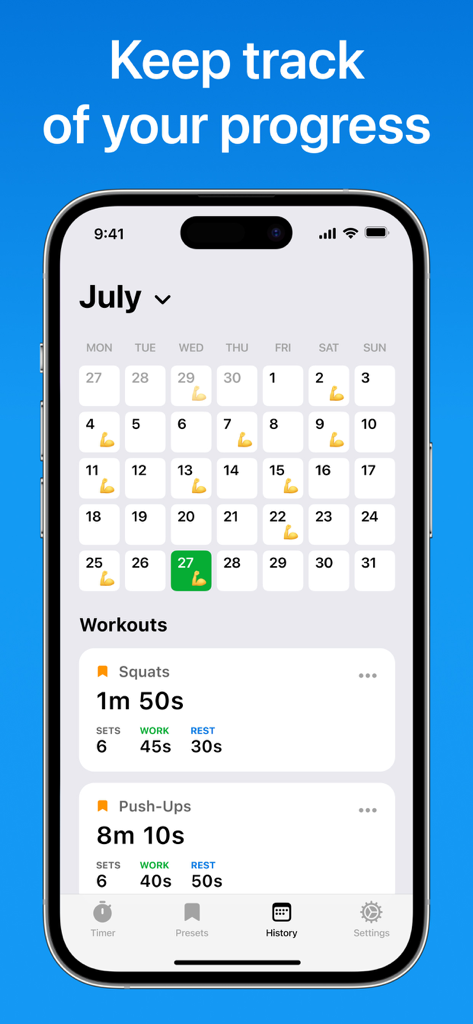 Workout progress tracker showing a monthly calendar and training history.