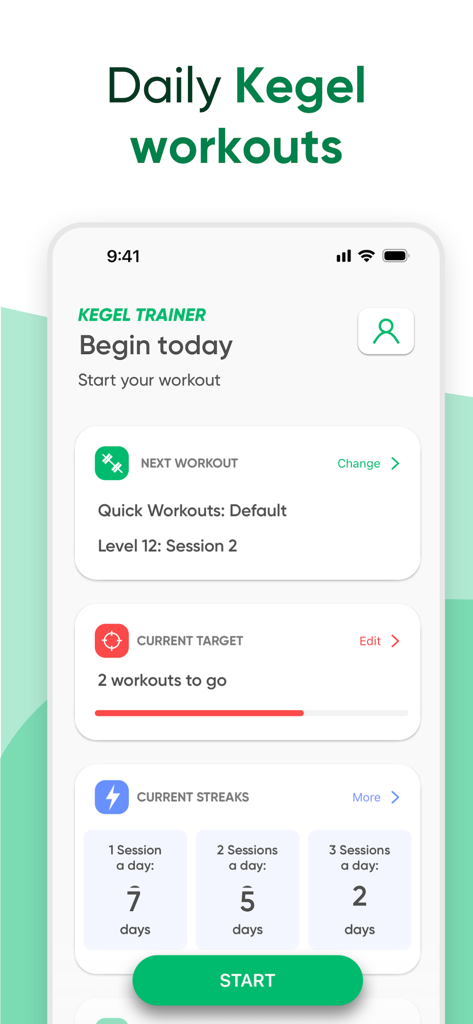 Oberfläche der Kegel Trainer App, die das tägliche Workout-Dashboard mit aktuellen Zielen und Übungsstreaks anzeigt