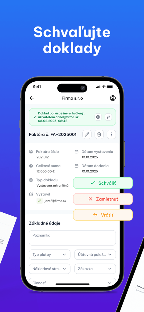 Doklado - Faktúry a bločky - Doklado-Mobile-App-Oberfläche zur Genehmigung von Geschäftseingangsrechnungen und digitalen Dokumenten.