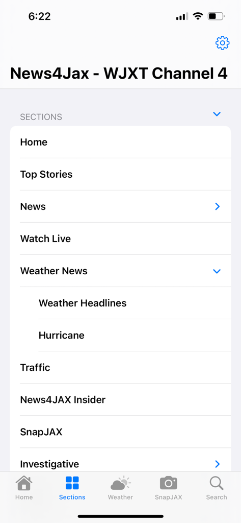 News4Jax app navigation menu showing news categories like weather traffic and live news