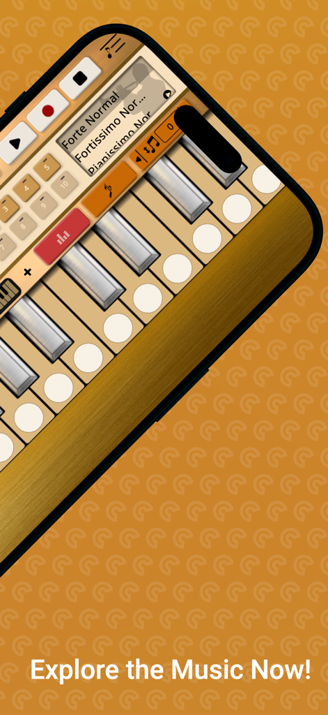 Interfaz de la aplicación Trumpet Sim con teclas virtuales y configuraciones de sonido dinámicas