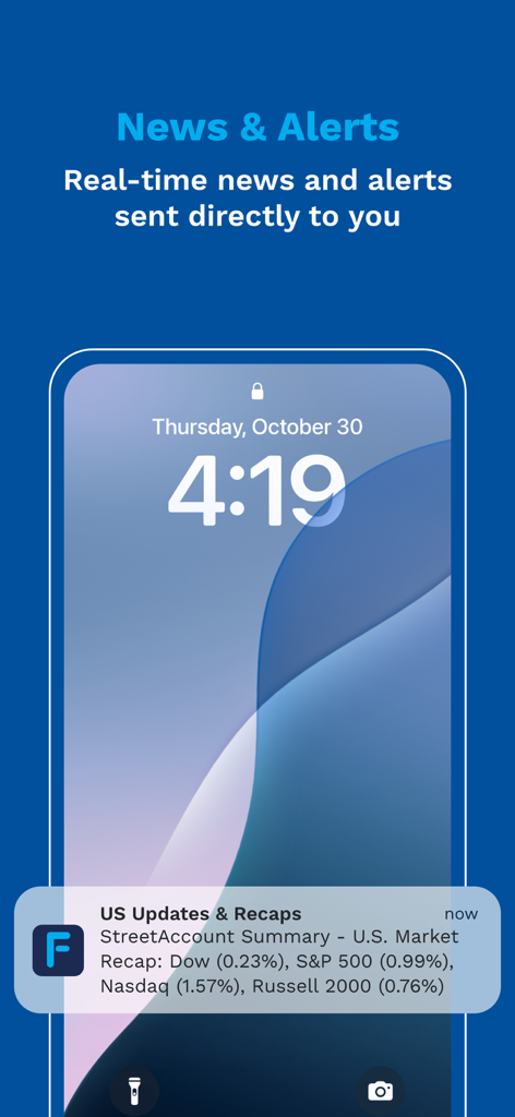 FactSet - FactSet mobile app lock screen showing a real-time market recap notification for major US indices