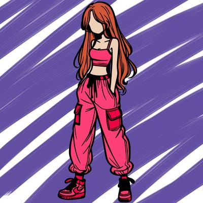 girl in baggy pants crop top and long hair