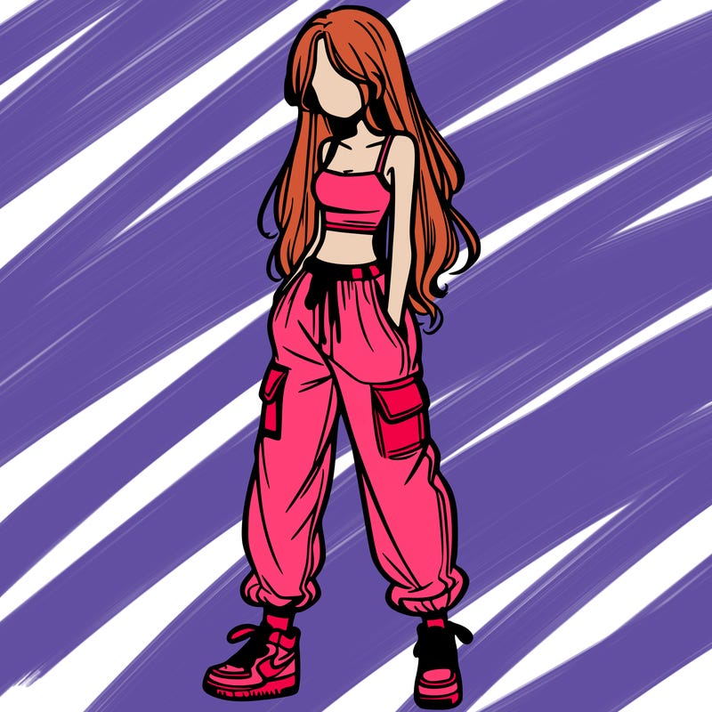 girl in baggy pants crop top and long hair
