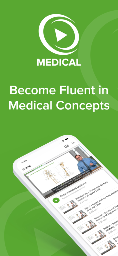 A smartphone screen displaying the Lecturio Medical Education app with a video lecture on anatomy and a list of recommended study topics.