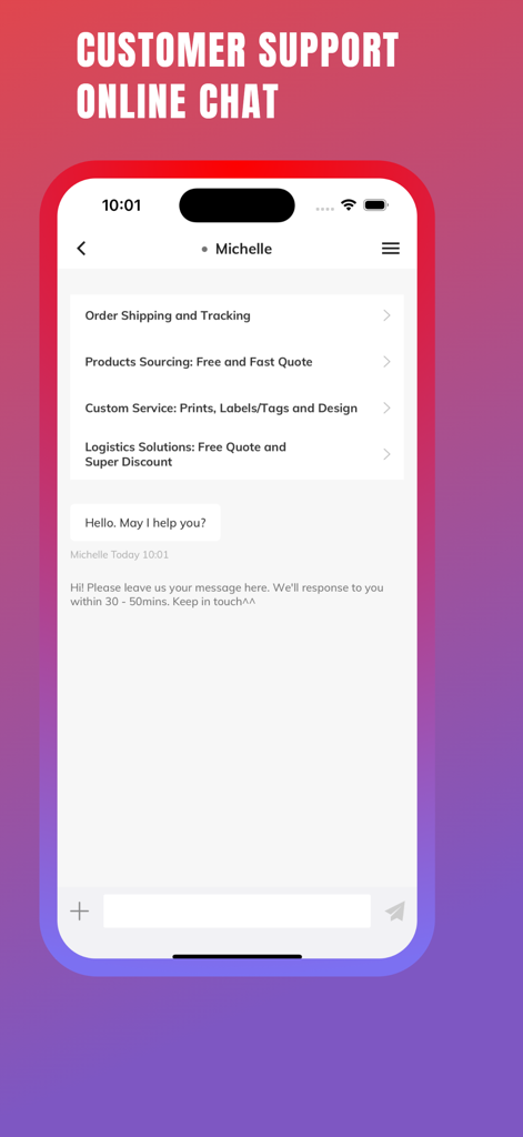 FashionTIY: Clothing Wholesale - Interface of the FashionTIY online customer support chat showing options for order tracking and product sourcing