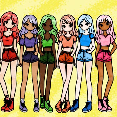 a group of girls wearing crop tops and shorts
