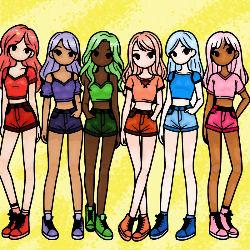 a group of girls wearing crop tops and shorts