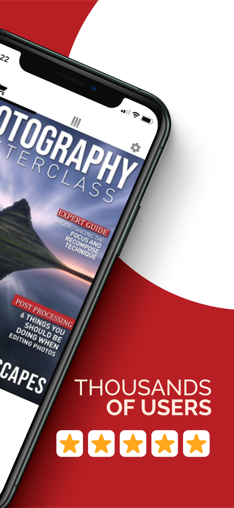 Smartphone screen showing the Photography Masterclass Magazine app with a five star user rating graphic.