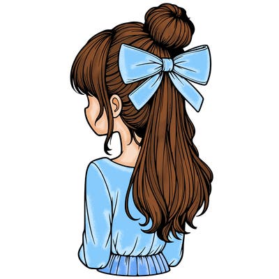 realistic girl  with hip length hair a bun and a big bow on the back of head