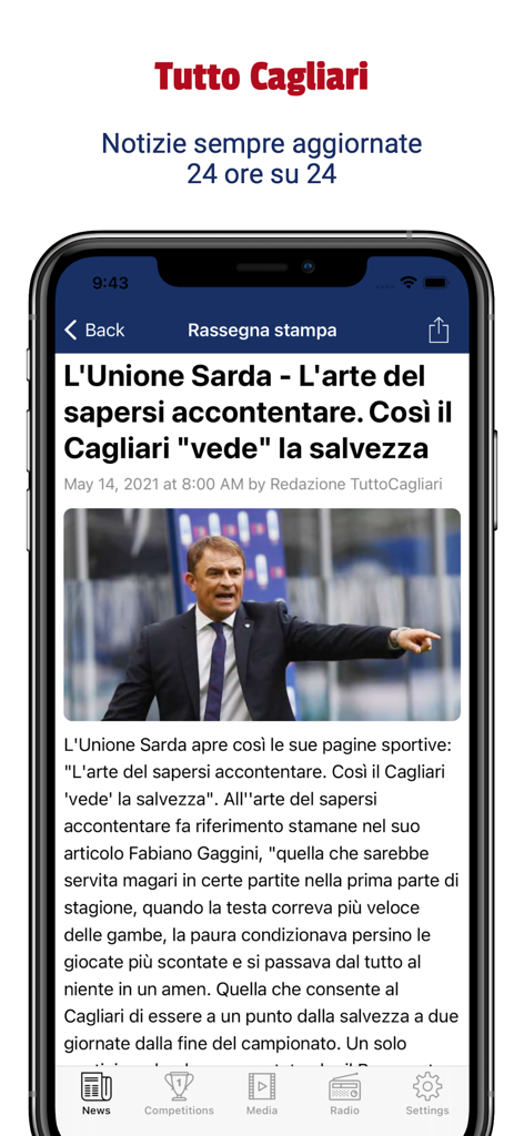 Pantalla de la aplicación Tutto Cagliari mostrando un artículo de noticias sobre el club de fútbol italiano