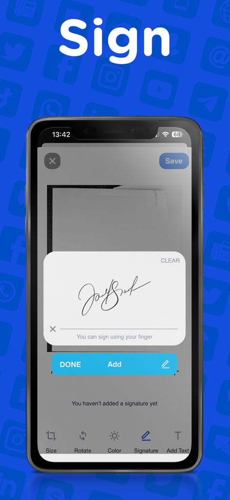 Smartphone interface showing how to add a digital signature to a document for faxing
