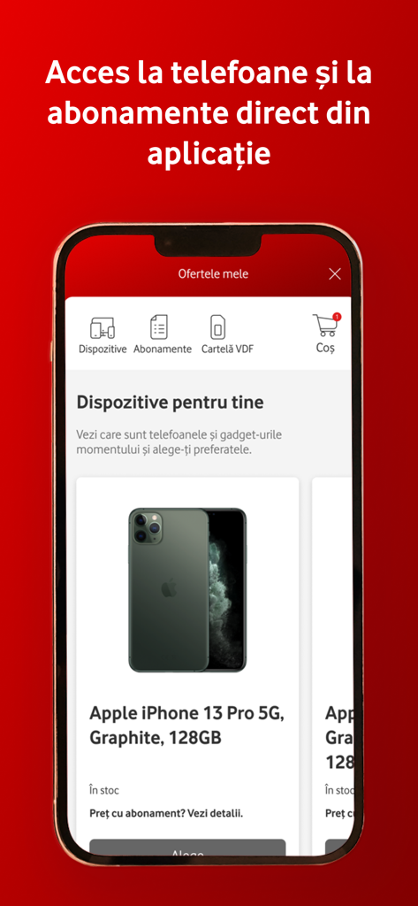 Schermata dell'app My Vodafone Romania che mostra offerte di smartphone e opzioni di abbonamento.