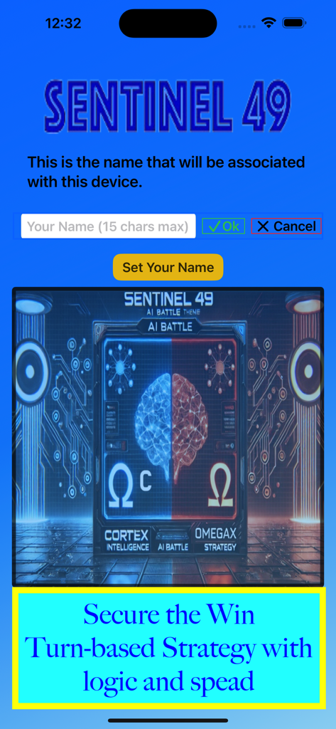 Sentinel49 app user name entry screen featuring AI Battle theme and turn based strategy branding