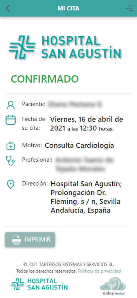 Pantalla de confirmación de cita médica que muestra los detalles de la consulta de cardiología en el Hospital San Agustín