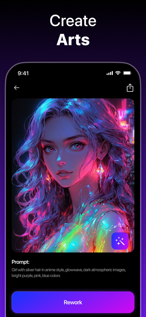 AI-generated anime portrait of a girl with silver hair in glowwave style with neon purple and pink colors displayed in a creative app interface