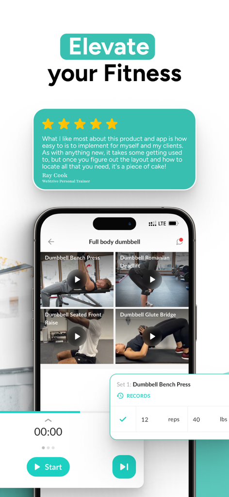 WeStrive - A smartphone screen showing the WeStrive app interface with exercise videos and a five star review from a personal trainer