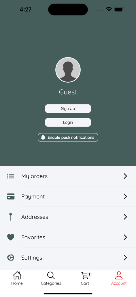 BiiT - Écran de compte de l'application d'achat BiiT avec des boutons de connexion/inscription invité et un menu pour les commandes, les paiements et les paramètres.