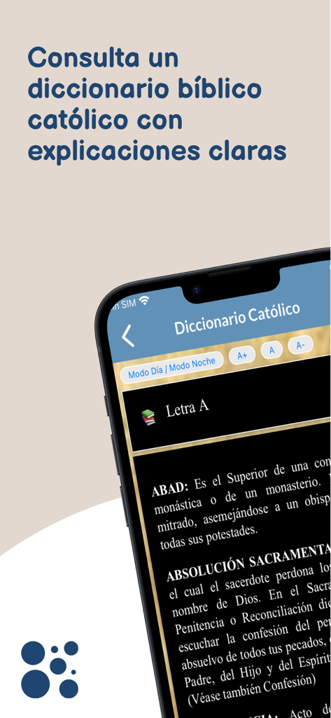 La Biblia Latinoamericana. - Una pantalla móvil mostrando la función de diccionario católico de la aplicación La Biblia Latinoamericana con definiciones de términos religiosos.