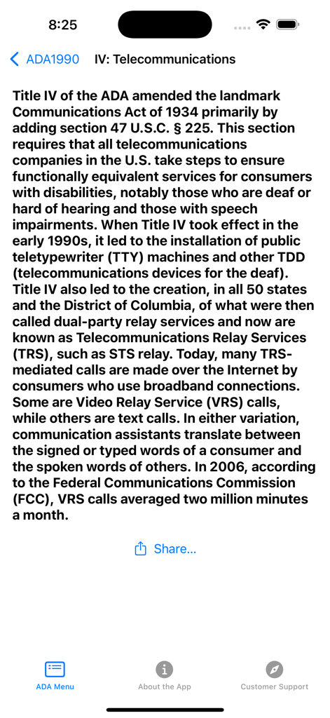 Americans w/ Disabilities Act - Schermata dell'app Americans with Disabilities Act che mostra il testo legale delle telecomunicazioni del Titolo IV.