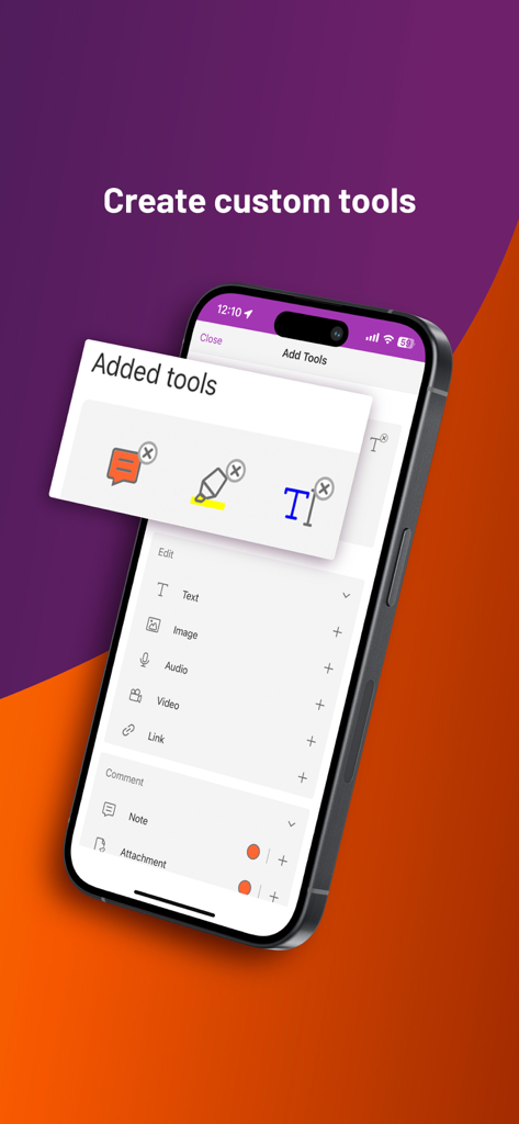 Foxit PDF Editor - iPhone screen showing the custom tools menu in the Foxit PDF Editor app