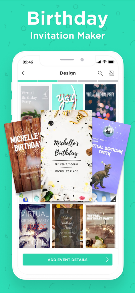 La schermata di progettazione dell'app Hobnob che mostra una varietà di modelli di inviti di compleanno su un dispositivo mobile