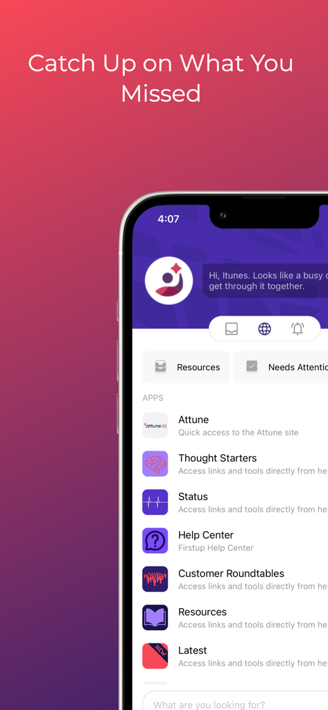 Firstup mobile app dashboard showing various company resources and employee communication links