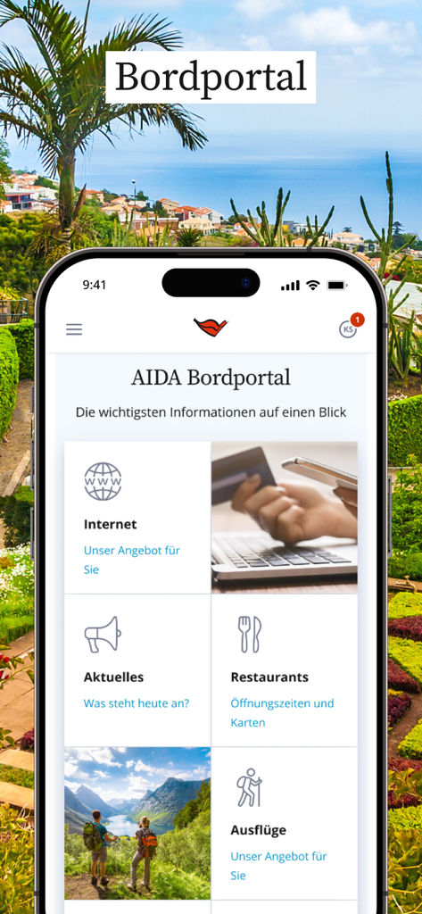 AIDA Cruises - Pantalla de smartphone que muestra el portal a bordo de AIDA Cruises con opciones de menú para internet, noticias, restaurantes y excursiones