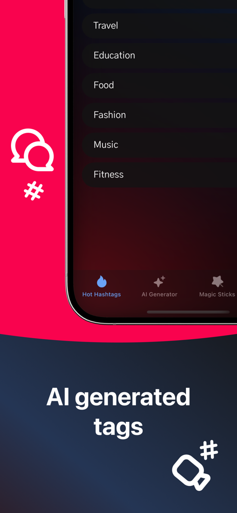 Tik Tagly - Tok Followers tags - Interface do aplicativo Tik Tagly mostrando categorias de hashtags geradas por IA para criadores de mídia social