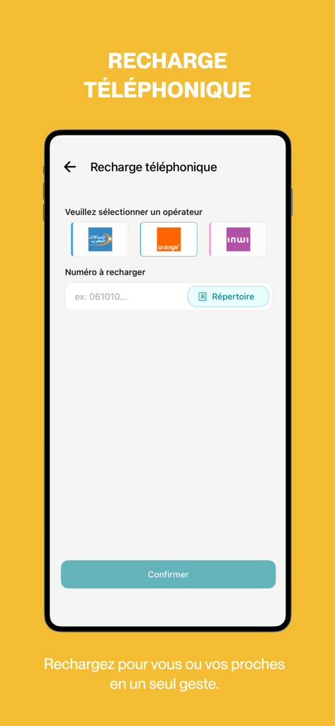 CASH PLUS Mobile Wallet - Écran de recharge de téléphone du Cash Plus Mobile Wallet pour les opérateurs télécoms marocains Orange, Inwi et Maroc Telecom.