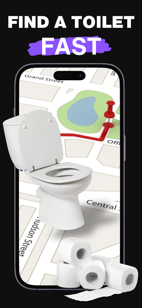 Toilet Finder Global app interface showing a map and a toilet to find nearby restrooms fast