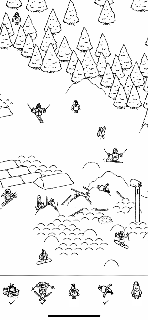 Hidden Folks - Hand-drawn black and white illustration of skiers on a snowy mountain in Hidden Folks.