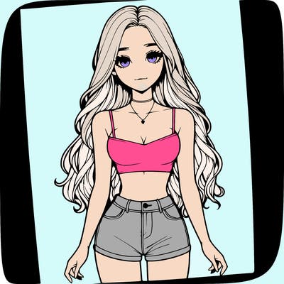 a realistic girl with long hair and in a crop top and shprts